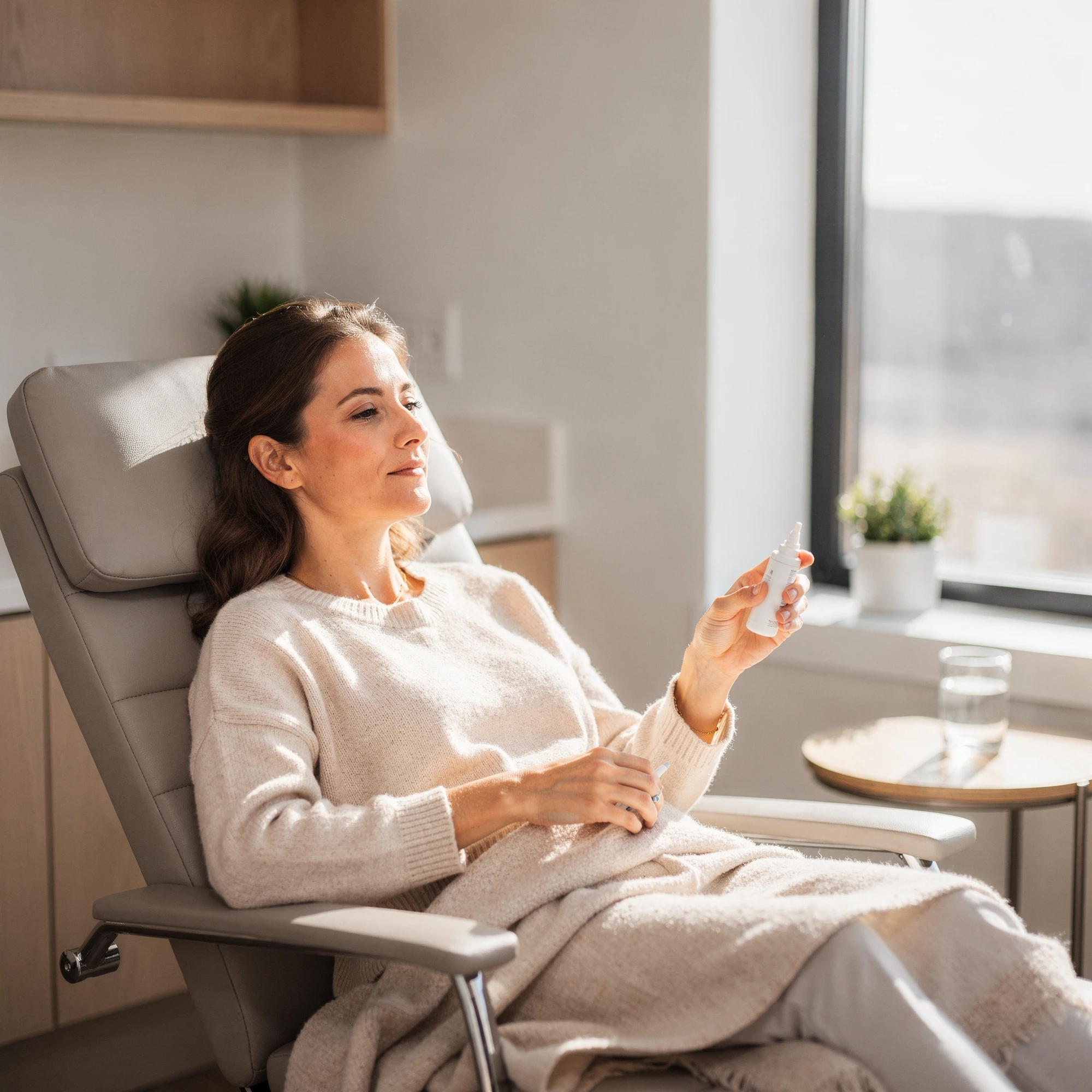 Patient seated in a comfortable chair holding a nasal spray applicator during Spravato treatment